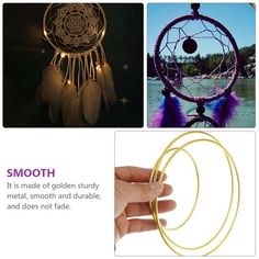 a hand holding a gold plated dream catcher with purple feathers and lights on it