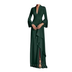 Fabric: Satin Silhouette: Sheath/Column Neckline: V-Neck Hemline/Train: Floor-Length Embellishment: Split Side Sleeve: Long Sleeves Shown Color: Dark Green Elegant Green V-neck Mini Dress, Green V-neck Dress For Fall, Fall Cocktail V-neck Maxi Dress, Green V-neck Maxi Dress For Night Out, Elegant Green V-neck Dress For Night Out, Chic Green V-neck Dress For Evening, Green V-neck Surplice Dress For Evening, Formal V-neck Maxi Dress For Fall, Elegant Fitted Dress With Split Neck