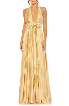 Mac Duggal Pleated Halter Neck Satin Gown | Nordstrom Halter Neck Gown, Neutral Dresses, Spring Wedding Guest Dress, Prom Long, Design Aesthetics, Bridal Bridesmaid Dresses, Fishtail Dress, Bride Groom Dress, Engagement Dresses