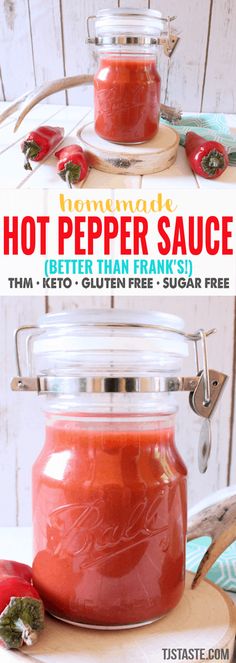 the recipe for homemade hot pepper sauce in a glass jar