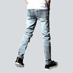 Take your look to brave new heights with our Mosaic Knees Men's Biker Jeans from our 2023 Spring-Summer Collection! Uniquely distressed and crafted in a slim and mid-rise silhouette. these biker-style jeans boast an array of exceptional features that will make them a style staple for seasons to come.Distinctive Features: Biker Style: Embrace your inner daredevil with these street jeans. textured for the fearless fashionista. Distressed: Show off your rebellious side with the jeans' gritty-inspir Street Jeans, Moto Jeans, Biker Jeans, Style Jeans, Jeans Online, Biker Style, Light Blue Color, Fashion Help, Jeans Style