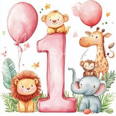 a number one with animals and balloons in the background for a first birthday card or banner