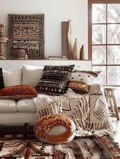 a living room filled with lots of pillows and blankets on top of a white couch