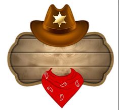 a wooden sign with a cowboy hat and bandana