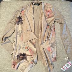 Inc Open Sweater With Suede Like Floral Detail Nwt Size Petite. Flowy Open Front Spring Faux Wrap Cardigan, Fitted Elegant Cardigan With Floral Print, Elegant Fitted Cardigan With Floral Print, Fitted Beige Outerwear With Floral Print, Fitted Beige Floral Print Outerwear, Beige Kimono, Royal Blue Sweater, Asymmetrical Cardigan, Metallic Shorts