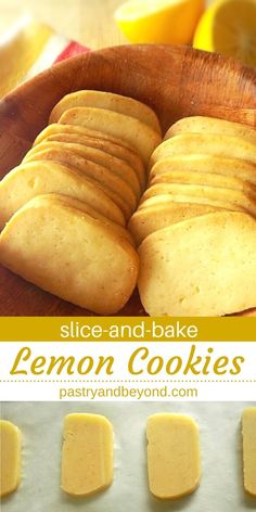 sliced and bake lemon cookies in a wooden bowl on top of a baking sheet