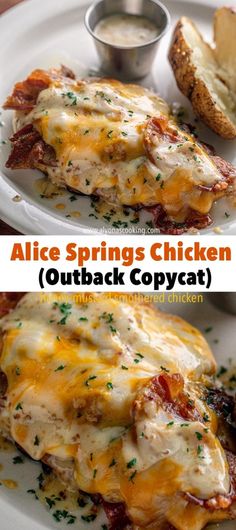 two plates with different types of food on them and the words alice springs chicken outback copycat