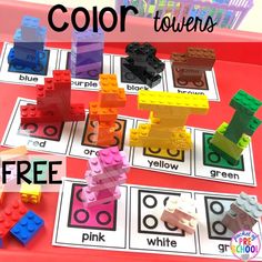 the legos are all in different colors and shapes on this printable color matching game