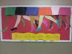 a bulletin board with paper cut out of women's legs and words on it