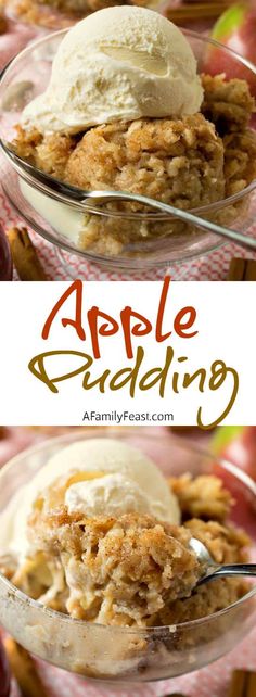 an apple crumbler with ice cream in it and the words apple pudding on top