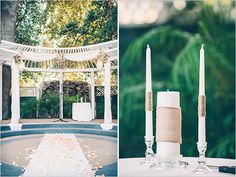 wedding decorations and candles are shown in three different pictures, one is white with gold accents