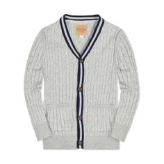 Our handsome cable knit cardigan in organic cotton is a cool classic that layers seamlessly into your guy's fall wardrobe. Features a plush allover cable knit, striped rib trim, faux horn buttons, and front patch pockets. Pairs perfectly with our collection of organic cotton button downs and stretch chino pants. Elbow Patch Sweater, Shawl Collar Sweater, Cable Knit Sweater Cardigan, Cable Cardigan, Knit Cardigan Sweater, Kids Clothes Boys, Cable Knit Cardigan, Cotton Cardigan, Chino Pants