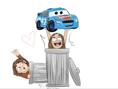 two women are hanging upside down in front of a blue car that is on top of a trash can