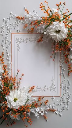 white flowers with orange and green stems on a white background, surrounded by an orange frame