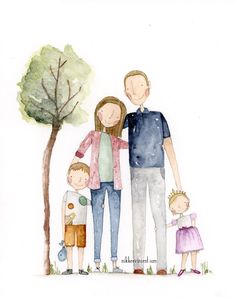 a watercolor painting of a family standing in front of a tree