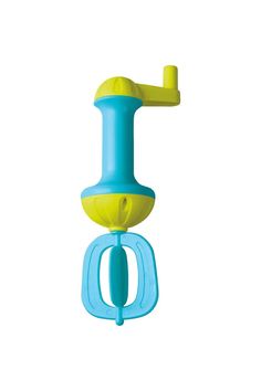 a blue and yellow baby toy hanging from a hook on a white background with clippings