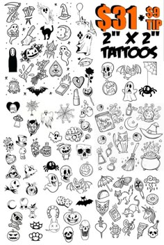 a large set of halloween tattoos with different designs and numbers on them, all in black and white