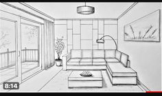 a drawing of a living room with couch, coffee table and lamp in the corner