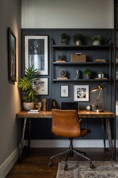 a desk with a chair and some pictures on the wall