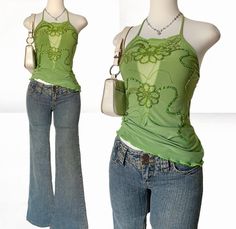 Skins Aesthetic Outfits, 2000s Green Outfit, 2000s Cami Tops, Looks 2000s, Halter Top 2000s, Fitted Halter Top For Spring, Y2k Style, Green Y2k Cami Top, Top Verde, Y2k Fairy