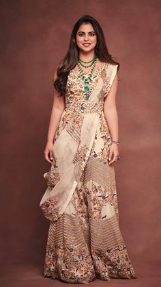 Isha Ambani in a Designer Sharara Saree Jacket Look at Antilia, Mumbai | VOGUE India Designer Jackets For Women Indian, Sharara Saree Wedding Ideas, Isha Ambani Saree, Indian Jumpsuits For Women, Isha Ambani Outfits, Isha Ambani Dresses, I Do Western Outfits For Women, Jumpsuit With Jacket Outfit, Jumpsuit From Saree