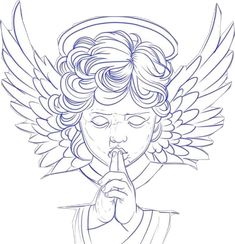 a drawing of an angel with its hands clasped to her mouth and the other hand resting on his chin