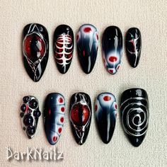 Embrace your dark side with our Custom Red Eyes Press On Nails. These gothic punk rock skeleton nails are the perfect accessory for any goth Y2K look. The dark black base adds a mysterious touch, while the red eyes add a pop of color that will turn heads. Make a bold statement with these edgy and trendy press on nails. DarkNailz press on nails offer endless possibilities for creating your desired look. [PLEASE READ BEFORE PURCHASING] All sets are made with GEL nail polish. These nails are reusab Dark Red Y2k, Skeleton Nails, Rock Skeleton, Nails Gothic, Nails Goth, Red Y2k, Punk Nails, Gothic Nails, Goth Nails