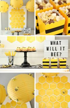 a bee themed birthday party with honeycombs and cupcakes