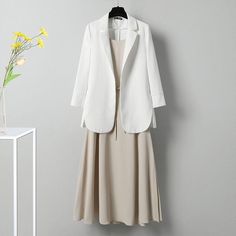 Blazer+solid Color Cami Dress P10242 White Midi Dress For Spring Office Wear, Spring Workwear Plain Midi Dress, Beige Spring Office Dress, White Summer Office Dresses, Three Quarter Sleeve Blazer, Chiffon Suit, Suits Korean, Red And Black Shirt, Female Design