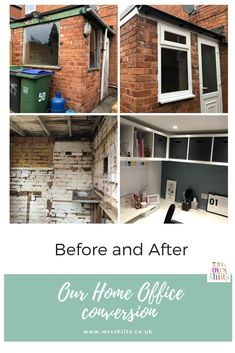 the before and after pictures of an old house with brick walls, windows, and gutter