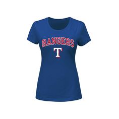 Step out with a casual display of love for your Texas Rangers by snagging this Arch Logo T-shirt from Profile. It features a simple and sweet wordmark printed across the chest along with a signature Texas Rangers logo for a spirited look. The scoop neckline makes this tee a fitting choice when you want a laid-back look that's big on team spirit.Step out with a casual display of love for your Texas Rangers by snagging this Arch Logo T-shirt from Profile. It features a simple and sweet wordmark pr Fan Merchandise Short Sleeve T-shirt With Lettering, Fan Merchandise T-shirt With Lettering And Short Sleeves, Blue Graphic Tee With Lettering, Blue Relaxed Fit Tops With Lettering, Sporty Blue T-shirt With Lettering, Blue Short Sleeve T-shirt With Lettering, Blue Tops With Letter Print And Comfortable Fit, Comfortable Blue Letter Print Top, Blue Letter Print Top With Comfortable Fit