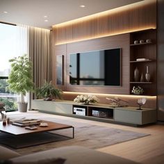 a living room with a large tv on the wall and some plants in vases