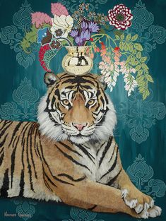 a painting of a tiger laying down with flowers on top of it's head