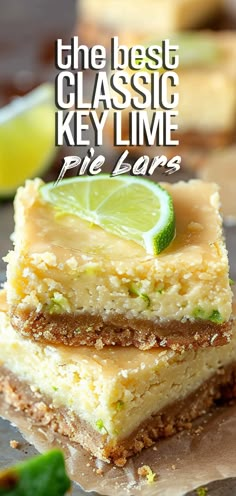 the best classic key lime pie bars are stacked on top of each other and ready to be eaten