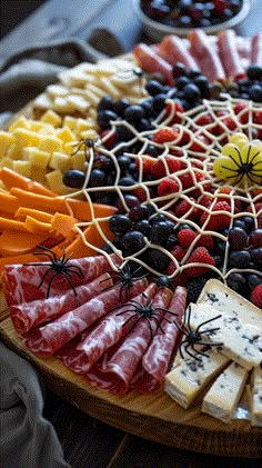 a platter filled with cheese, fruit and crackers