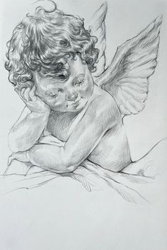 Angle Sketches Pencil, Cute Detailed Drawings, Floral Pencil Drawings, Angel Cherub Drawing, Detailed Pencil Drawings, Peaceful Sketches, Very Detailed Drawings, Cherubs Drawing, Drawing Ideas Detailed