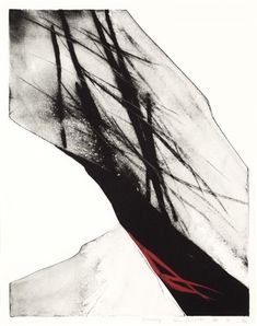 an abstract painting with black and white lines on the bottom half of it, as well as red