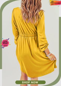 Yellow Button Up High Waist Long Sleeve Dress Solid Mini Dress With Pockets For Fall, Solid V-neck Mini Dress With Button Closure, Solid Buttoned Dresses For Fall, Buttoned Dresses For Fall, Fall Solid Color Buttoned Dresses, Fall Solid Color Dress With Buttons, Solid Fall Dress With Buttons, Casual Solid Dress With Button Closure, Casual Dresses With Button Closure