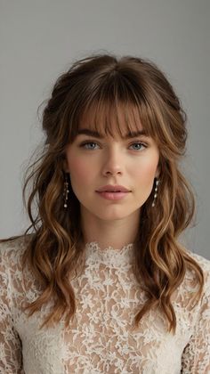 Sleek Braided Halo for Wedding Hairstyles Bridesmaids Hairstyles With Bangs, Wedding Hair Mid Length Half Up, Wedding Hair Shag, Half Up Shoulder Length Hair Wedding, Fancy Hair With Bangs, Bridal Hairstyles Bangs, Bridal Updo Bangs, Bridal Hair Down With Bangs, Half Updos For Medium Length Hair Wedding Bridesmaid