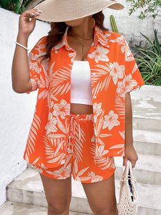 Orange Boho Collar Half Sleeve  Tropical  Embellished Non-Stretch  Women Plus Clothing Tropical Look Outfit, Hawaiian Outfits Women, Tropical Shirt Outfit Women, Tropical Party Outfit Women, Beach Outfits For Curvy Women, Honeymoon Outfits Tropical, Island Outfits Tropical, Outfit Plage, Tropical Outfit Ideas