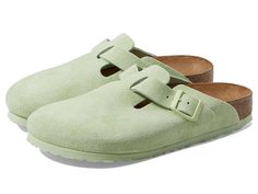 Birkenstock Boston Soft Footbed - Suede - Women's Clog/Mule Shoes : Faded Lime : Complete your look with the Birkenstock Boston Soft Footbed - Suede clog. Suede upper with an adjustable strap. Anatomically correct cork/latex footbed, crafted from cork that is 100% renewable and sustainable, encourages foot health. The suede lined, contoured footbed will mold to the shape of your foot creating a custom footbed that supports and cradles you each and every step. Raised toe bar is designed to encour Birkenstock Boston Soft Footbed, Boston Soft Footbed, Birkenstock Style, Boston Fashion, Neutral Heels, Mule Shoes, Suede Clogs, Birkenstock Women, Birkenstock Boston