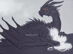 a drawing of a black dragon sitting on top of a white cloud covered ground with the words madpath written below it