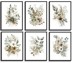 four framed pictures with flowers and leaves on them