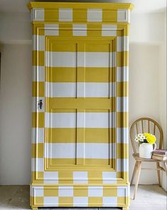 Geometric yellow wardrobe Yellow Wardrobe, Bloomsbury Style, Unique Interiors, Painted Wardrobe, Painted Cupboards, Furniture Flip, Fun Furniture, Kid Rooms, Vintage Wardrobe