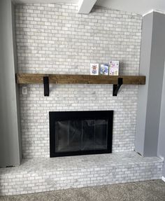 Fireplace with metal black mantel bracket corbel, holding wood mantel with cards on top, against a brick background Shelves Fireplace, Fireplace Shelf, Heavy Duty Shelf Brackets, Fireplace Shelves, Backlit Signs, Copper Paint, Aged Copper, Fireplace Screens, Flat Paint