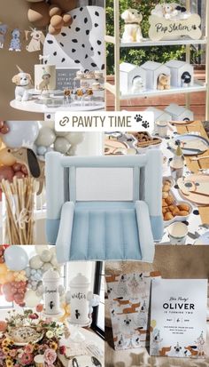 a collage of photos with various items and text that reads pawty time on it