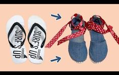 two pairs of baby shoes and a pair of socks tied to each other with red polka dots on them