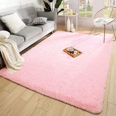 a living room filled with furniture and a pink rug