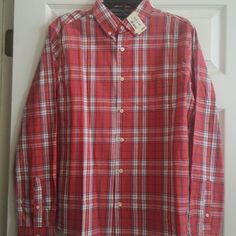 New With Tags Plaid Cotton Button Down Shirt. Bright Peach, Pink, Red Colors. Red Cotton Casual Flannel Shirt, Casual Red Cotton Flannel Shirt, Casual Red Flannel Shirt With Buttons, Casual Red Flannel Shirt For Spring, Red Relaxed Fit Flannel Button-up Shirt, Red Relaxed Fit Button-up Flannel Shirt, Red Button-up Flannel Shirt For Spring, Red Collared Flannel Shirt For Spring, Preppy Logo