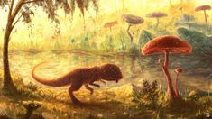 an image of a dinosaur in the forest with mushrooms and toadlings on the ground